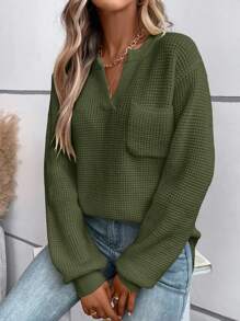 SHEIN LUNE Notched Neck Pocket Patched Drop Shoulder Sweater - Army Green - View 5