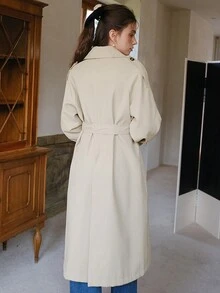 插肩袖肩章設計腰帶風衣外套 - 卡其色 - 查看 3