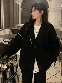 撞色滚边落肩宽松开衫，长袖上衣，休闲黑色 - 黑色 - 查看 3