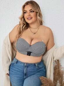 Plus Striped Print Underwire Bra With 1pair Transparent Strap - Black and White - View 6