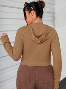 SHEIN EZwear 大碼汽車和標語圖案抽繩連帽T恤 - 棕色 - 查看 2