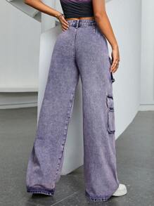 SHEIN ICON 翻蓋口袋工裝牛仔褲 - 淺粉色 - 查看 2