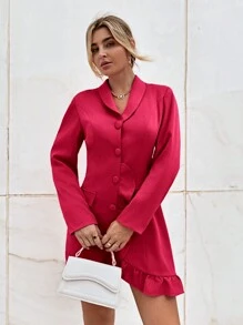 SHEIN Privé 青果領荷葉邊下擺鈕扣前荷葉邊洋裝