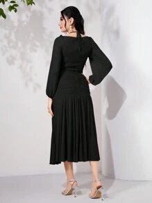 Modelyn Tie Back Ruched Ruffle Hem Dress Long Evening Dresses - Black - View 2