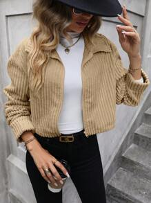 SHEIN LUNE Chaqueta de pana con cremallera y hombros caídos - Caqui - Ver 5