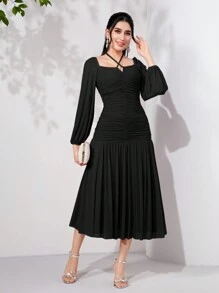 Modelyn Tie Back Ruched Ruffle Hem Dress Long Evening Dresses - Black - View 3