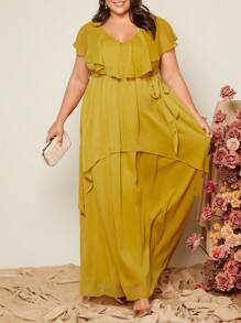 SHEIN Belle Talla grande Vestido de dama de honor ribete con fruncido de gasa maxi - Amarillo - Ver 4