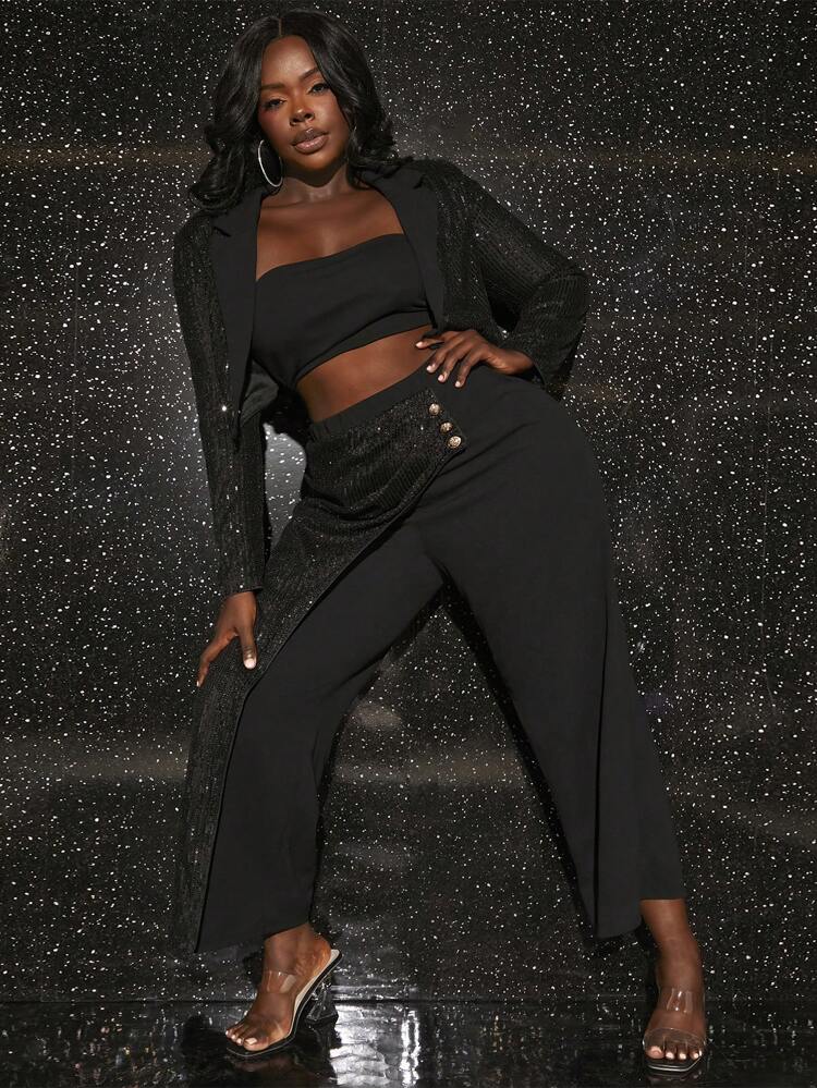 Plus Lapel Neck Crop Sequins Blazer & Wide Leg Pants