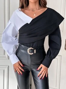 SHEIN Privé 兩色折疊褶皺細節不對稱領口襯衫 - 黑色 - 查看 1