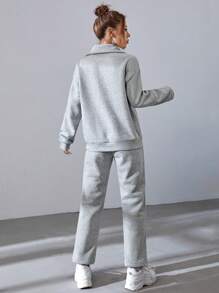SHEIN EZwear Bộ đồ hai mảnh nữ Túi Dây kéo màu trơn Giải trí - Màu Xám nhạt - Xem 2