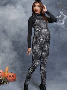 SHEIN Maternity Halloween Spider Web Print Unitard Jumpsuit Without Top - Black - View 1