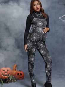 SHEIN Maternity Halloween Spider Web Print Unitard Jumpsuit Without Top - Black - View 4