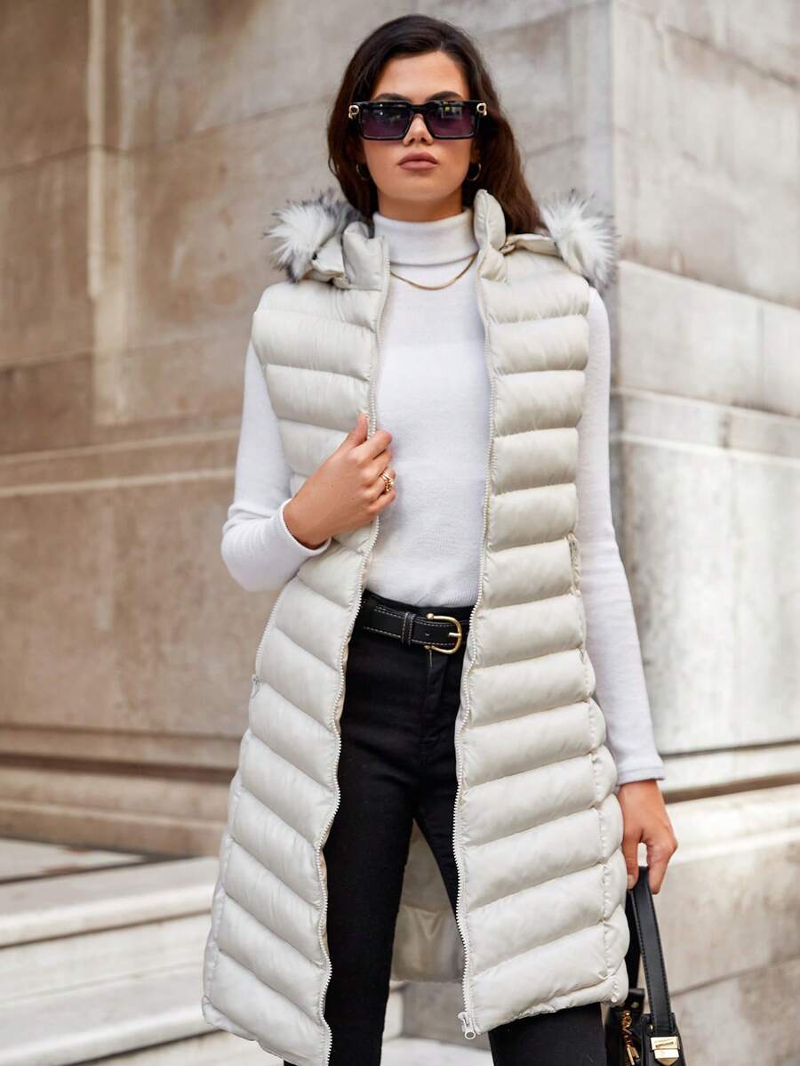 EURMUSE Fuzzy Trim Hooded Puffer Vest Coat - White - View 1
