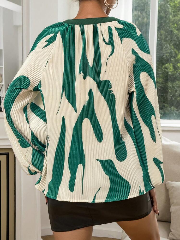 Graphic Print Tie Neck Lantern Sleeve Blouse