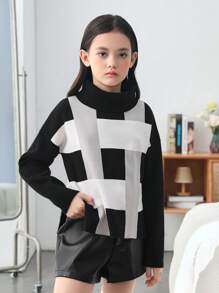 SHEIN Tween Girl Plaid Pattern Turtleneck Drop Shoulder Sweater - Multicolor - View 3