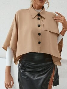 SHEIN Privé Batwing Sleeve Asymmetrical Hem Cape Trench Coat - Khaki - View 3