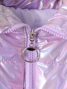 SHEIN Tween Girl Flap Pocket Fuzzy Trim Hooded Holographic Padded Coat