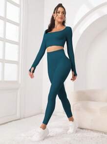 Easithlete Solid Scoop Neck Thumbholes Crop Tee & Leggings - Navy Blue - View 5