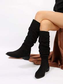 女士时尚一脚蹬褶皱过膝靴一脚蹬设计，舒适透气粗跟优雅百搭及膝靴，适合秋冬季 - 黑色 - 查看 2