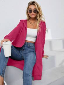 SHEIN Essnce Zip Up Drop Shoulder Drawstring Thermal Lined Hoodie - Hot Pink - View 7