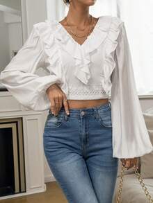 SHEIN Privé Ruffle Trim Lantern Sleeve Crop Blouse - White - View 3