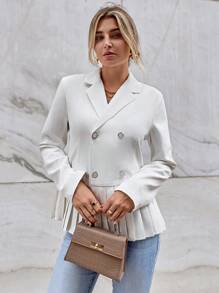 SHEIN Privé 雙排扣褶襉下擺西裝外套 - 白色 - 查看 3