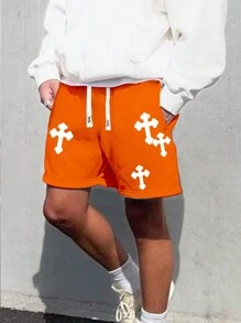 Manfinity EMRG Quần short thắt lưng có dây rút in chữ thập cho nam Loose Fit - trái cam - Xem 3