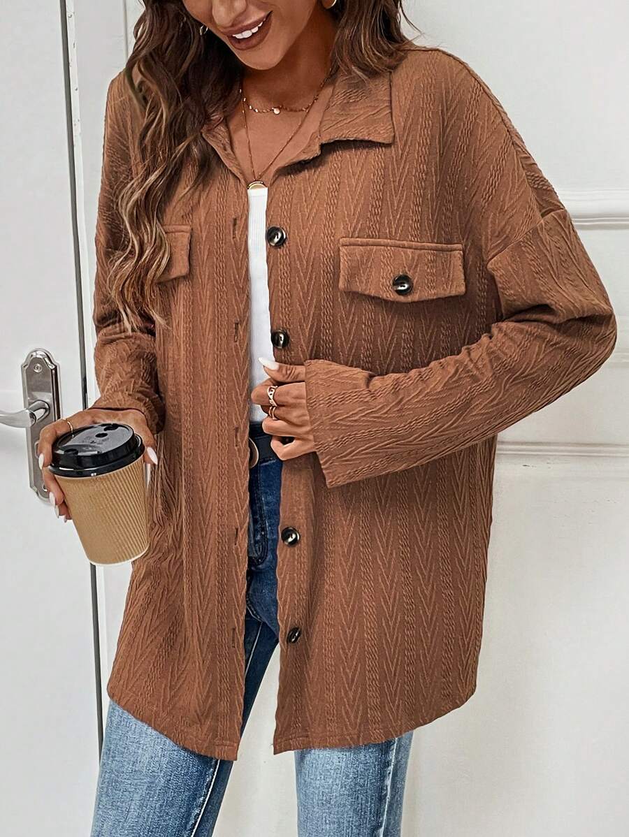 SHEIN LUNE Abrigo de hombros caídos con diseño de solapa con botón delantero - Café integral - Ver 1