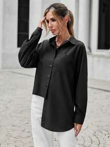 Solid Button Front Pocket Patched Shirt