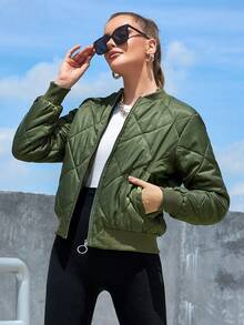 Eilly Bazar Zip Up Quilted Bomber Jacket - Army Green - View 4