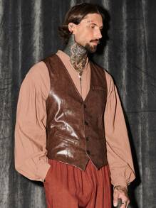 GENTILAND 男士前紐扣PU皮革夾克背心 - 棕色 - 查看 6