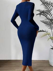 Chiquease Sweetheart Neck Ribbed Knit Sweater Dress Fall Cloth For Women - Blue - View 2