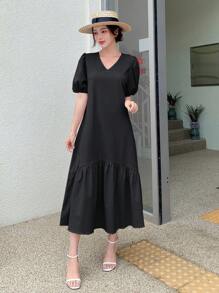 DAZY 纯色泡泡袖荷叶边下摆连衣裙太阳裙 - 黑色 - 查看 2