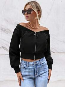 SHEIN Essnce Off Shoulder Zip Up Crop Jacket - Black - View 2