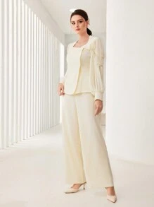Modelyn Asymmetrical Neck Lantern Sleeve Blouse & Wide Leg Pants - Apricot - View 4