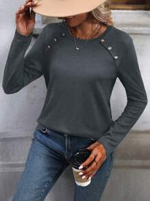 EMERY ROSE 鈕扣細節T恤 - 深灰色 - 查看 4