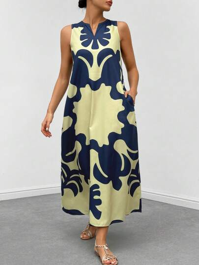 EMERY ROSE 图案印花缺口领口隐形口袋连衣裙长款女装