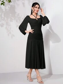 Modelyn Tie Back Ruched Ruffle Hem Dress Long Evening Dresses - Black - View 1