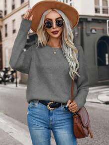 SHEIN LUNE 素色落肩袖套頭毛衣 - 深灰色 - 查看 5