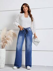 SHEIN LUNE 配腰帶闊腿牛仔褲 - 中等水洗藍 - 查看 3