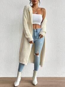 SHEIN Privé Thả vai Trang trí Fuzzy Kiểu Dài áo có mũ Áo len Mở - Màu be - Xem 5