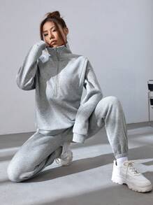 SHEIN EZwear Bộ đồ hai mảnh nữ Túi Dây kéo màu trơn Giải trí - Màu Xám nhạt - Xem 6