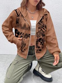 SHEIN EZwear 人像圖案拉鏈開襟抽繩連帽衫 - 咖啡棕 - 查看 3