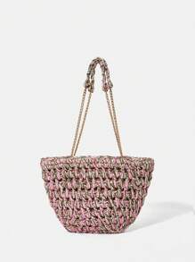SHEIN VCAY Women's Woven Shoulder Bag With Zipper And Chain Large Capacity Simple And Fashionable Multifunctional - Multicolor - View 5