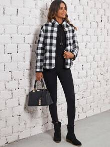 EMERY ROSE Ditsy Floral & Buffalo Plaid Drop Shoulder Padded Coat - Black and White - View 4