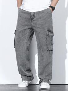 Manfinity Homme 男士加大號活口口袋側拉鍊貨褲，直筒長洗水牛仔褲，素面淺灰色，時尚外出街頭穿搭，尺寸