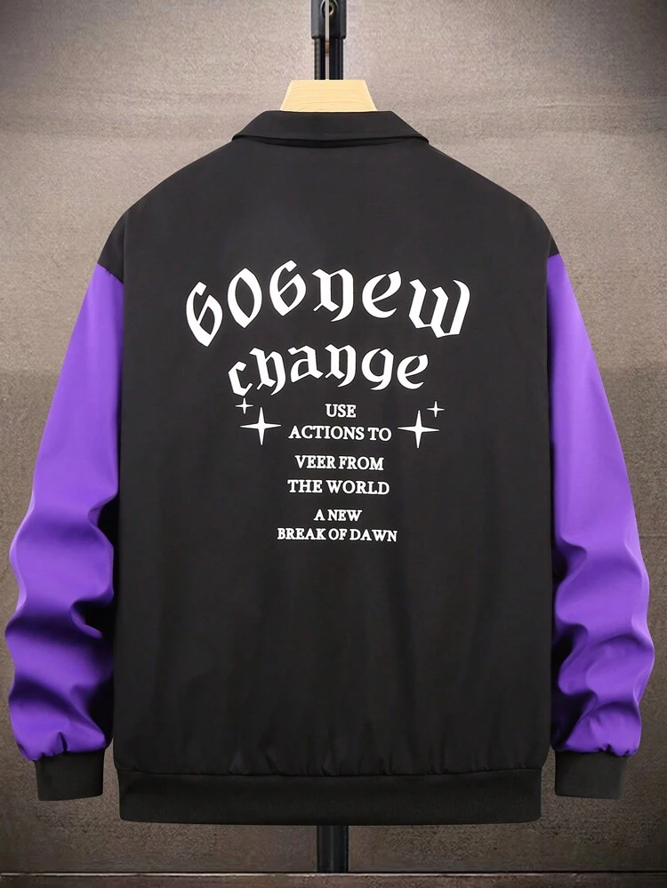 Men's Loose Fit Letter Graphic Colorblock Drop Shoulder Jacket