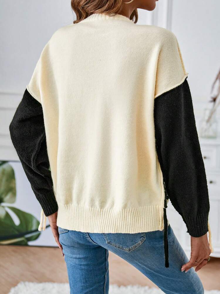 Two Tone Lace Up Front Drop Shoulder Knit Pullover Fall Winter Sweater