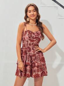 Soleia Patchwork Print Ruched Bust Ruffle Hem Cami Romper