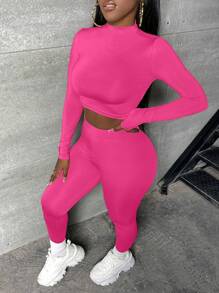 Slaydiva Solid Crop Tee & Leggings - Hot Pink - View 1